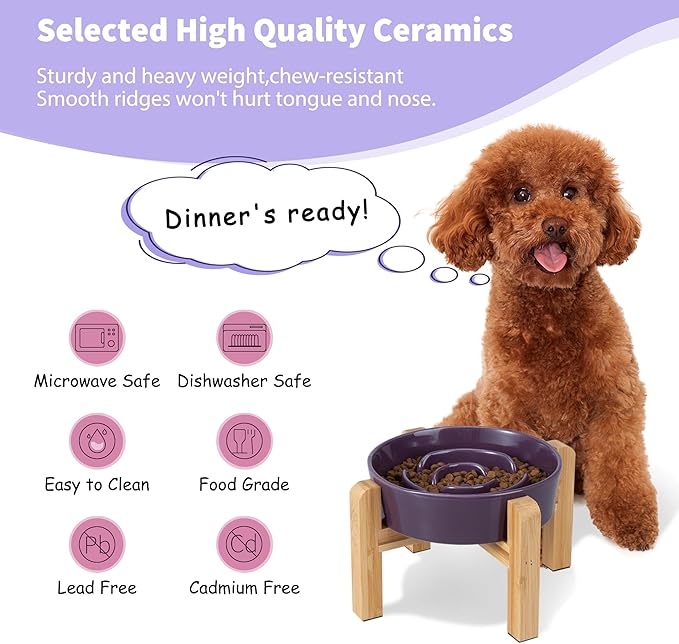 Elevated Slow Feeder Dog Bowl - Ceramic Maze Food Dish with Bamboo Stand - Raised Feeding Bowl for Fast Eaters - Ideal for Small and Medium Dogs - Purple - 6.7 inch