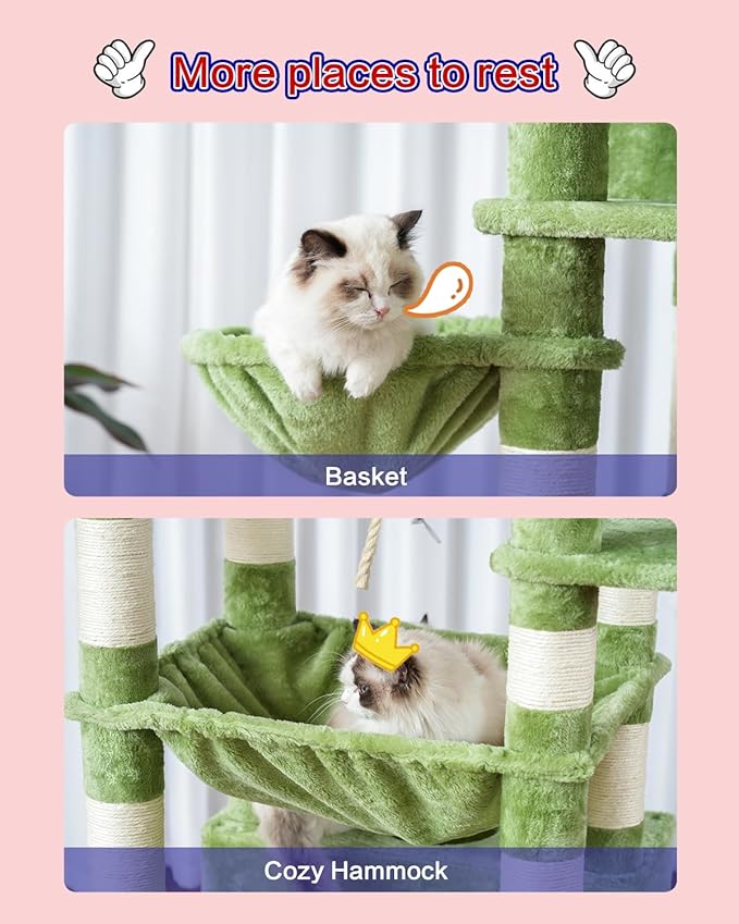 Cat Tree for Indoor Cats Large Adult, 74" Cat Tower with 3 Big Platforms, 2 Baskets, 2 Condos, Multi-Level Cat Scratching Posts, Green GCT030GR