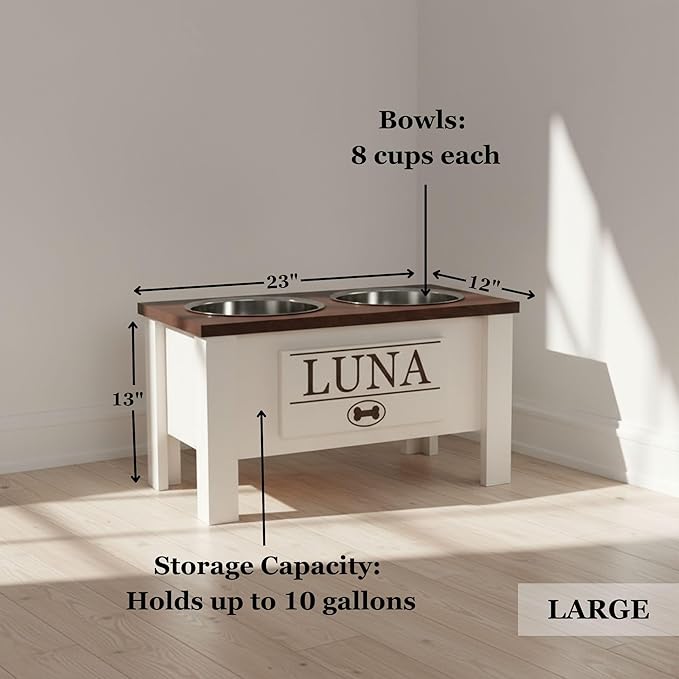 GrooveThis Woodshop - Personalized Elevated Dog Bowl Stand for Large, Medium, Small, X-Small Dogs - Stainless Steel Food and Water Bowls - Raised Dog Dish with Internal Storage (Large, Magenta)