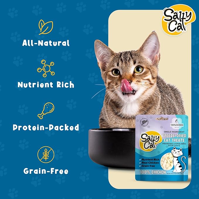 Salty Cat Freeze Dried Cat Treats, 100% Real Chicken Breast Dried Cat Food for Freshness, Single Ingredient & Grain Free Kitten Treats, Nutrient Rich, 10g (12 Pack)