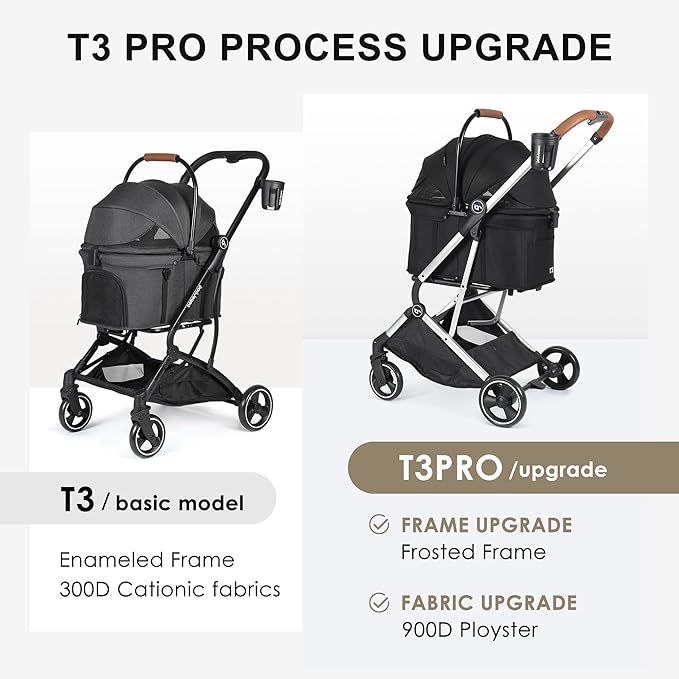 T3 Pro 3-in-1 Small Pet Stroller for Dog & Cats, 4 Wheels with Detachable Carrier with Pad, Canopy and Cup Holder (Black)