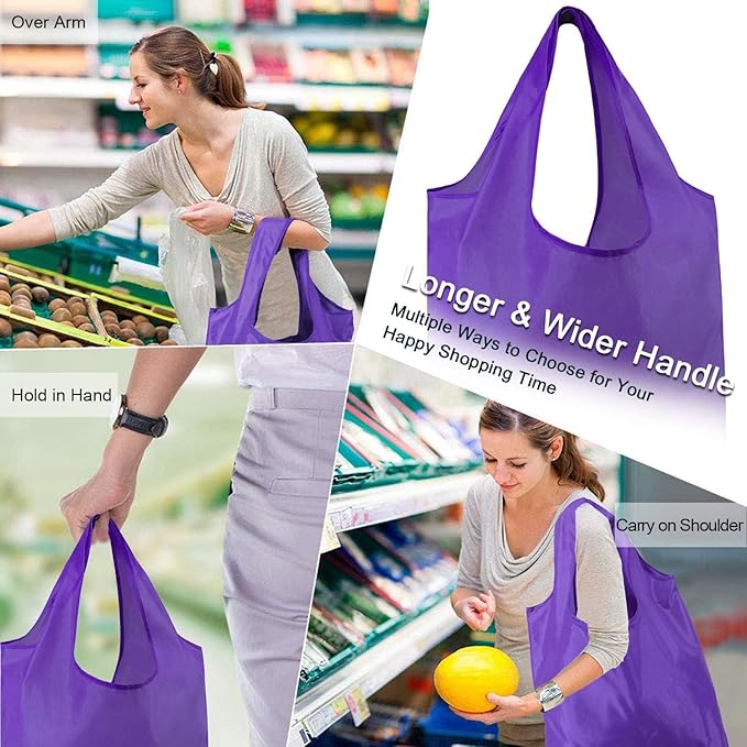 BeeGreen Purple Reusable Shopping Bags for Groceries 10 Pack Reusable Grocery Bags Washable 50LBS Folding with Zipper Carry Pouch Tote DIY Gift Bags Durable Polyester