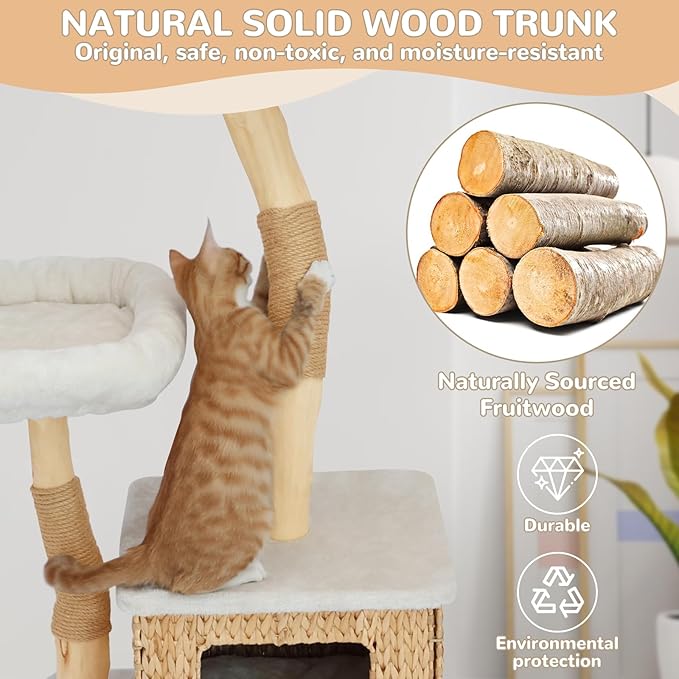 Modern Cat Tree Tower for Indoor Cats - Multi-Level Solid Wood Cat Condo w/Caves, 2 Large Perches, Scratching Posts, Hanging Toy for Large Cats Adult - Luxury Boho Pet Furniture
