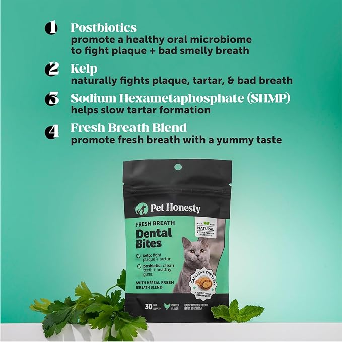 Pet Honesty Fresh Dental Bites for Cats - Crunchy & Creamy Cat Dental Treats for Fresh Breath, Plaque + Tartar Control, Cleans Teeth + Gums, Daily Cat Oral Care (30 Day Supply)