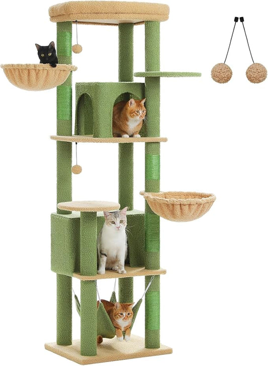 71.2 Inches Cactus Tall Cat Tree for Large Cats, Multi-Level Cat Tower with 2 Cozy Condos, Super Large Top Perch, 3 Hammocks, Sisal Scratching Posts and 2 Pompoms, Green