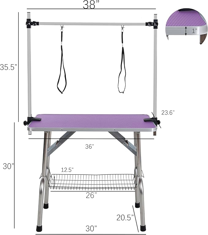36" Dog Grooming Table Foldable Pet Grooming Tables with Adjustable Arm Noose Storage Mesh Tray Maximum Capacity Up to 330lbs Purple