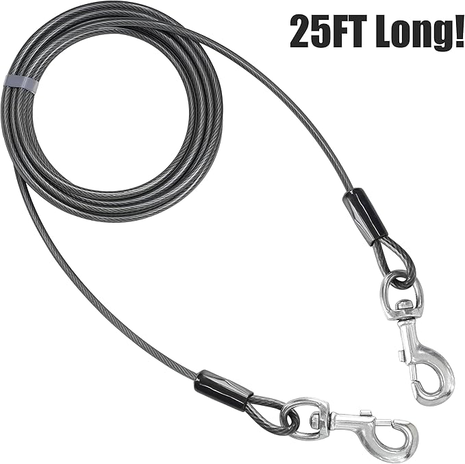 BV Dog Tie Out Cable 25 Feet - Heavy Duty Dog Lead Up to 250 Pounds - Reflective & Rust-Free with Quick Release Swivel Clips & 360° Rotating Clasp - Tangle-Free Dogs Runner for Yard (Grey, Pair)