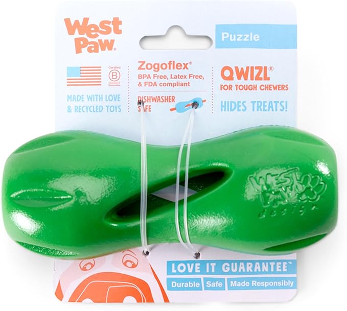 West Paw Qwizl Treat Dispensing Dog Toy for Tough Chewers- Durable Long Lasting Chew and Fetch Toy Keeps Dogs Engaged- Dishwasher Safe Safe Materials Made in USA - Clover Green, Small