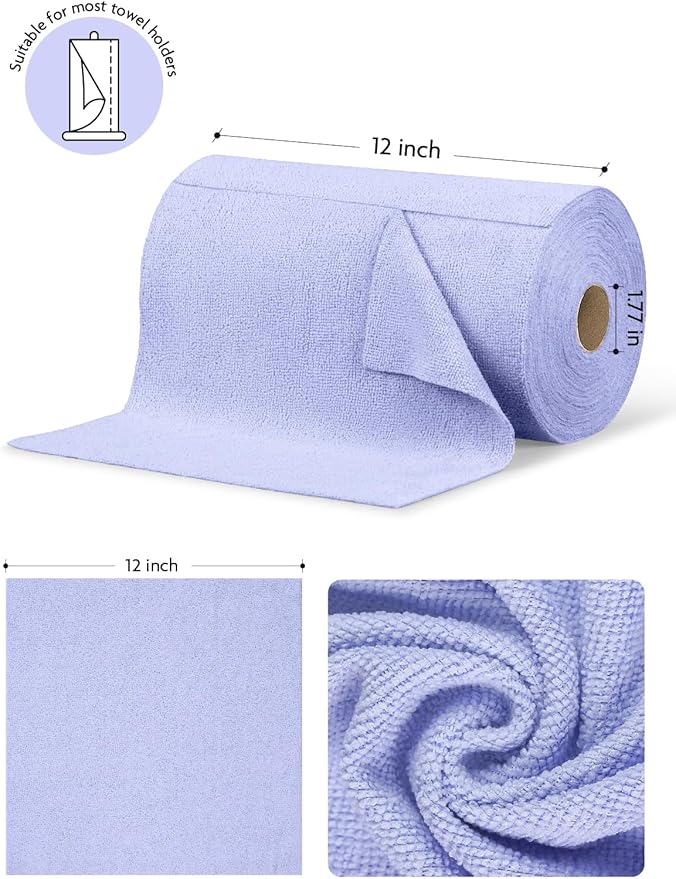 Fantasticlean Microfiber Cleaning Cloth Roll -75 Pack, Tear Away Microfiber Towels, 12" x 12", Reusable, Washable, Scratch Free, Ultra Absorbent Dishcloth for Home Supplies, Car, Pet (Lavender)