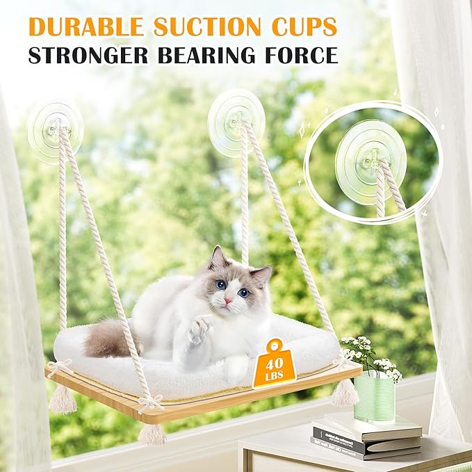 Cat Window Perch Cat Hammock Kitten Window Seat with Cushion Bed Cover Solid Wood Seat with Strong Suction Cups Hanging Kitten Bed for Small Medium Indoor