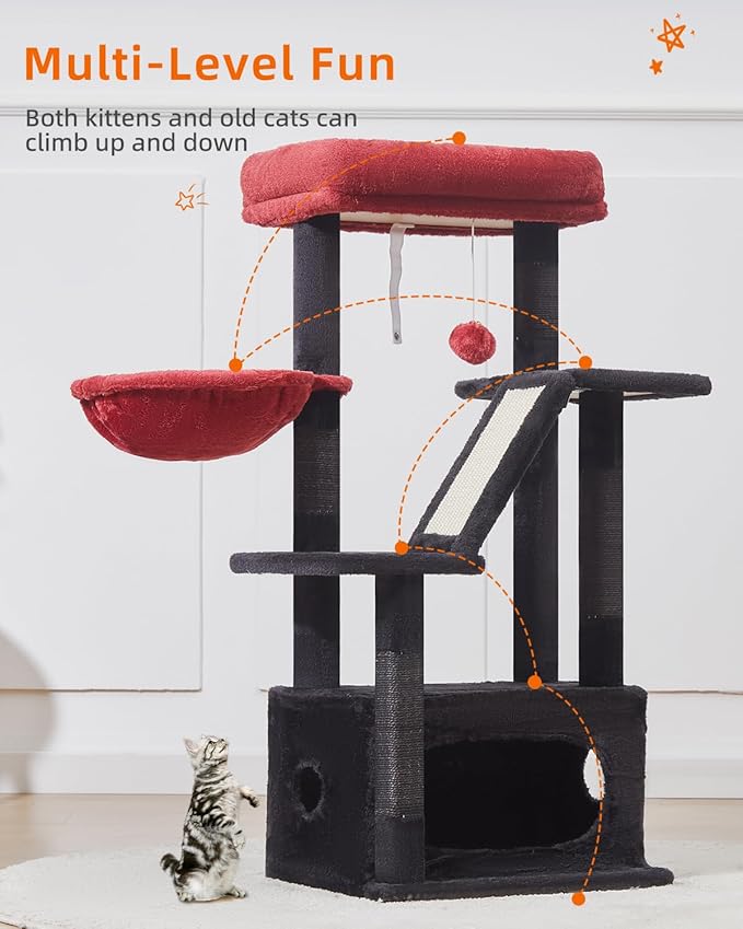 Taoqimiao Gothic Cat Tree,38.5-Inch Cat Tower for Indoor Cats,Suitable for Kittens with Luxurious cat condo with Adjustable Baskets and Luxurious Perch MS029SBR Black and Red