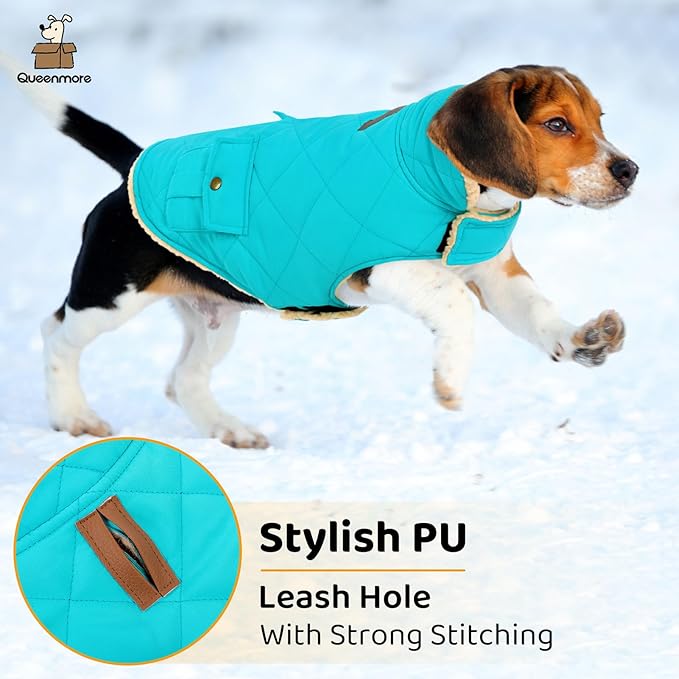 Queenmore Warm Dog Coat, Cold Weather Puffer Dog Coat Vest, Quilting Winter Pet Jacket Ultra Thick Plush Fleece Lining Pet Clothes for Dogs with Storage Pockets (Light Blue,Large)