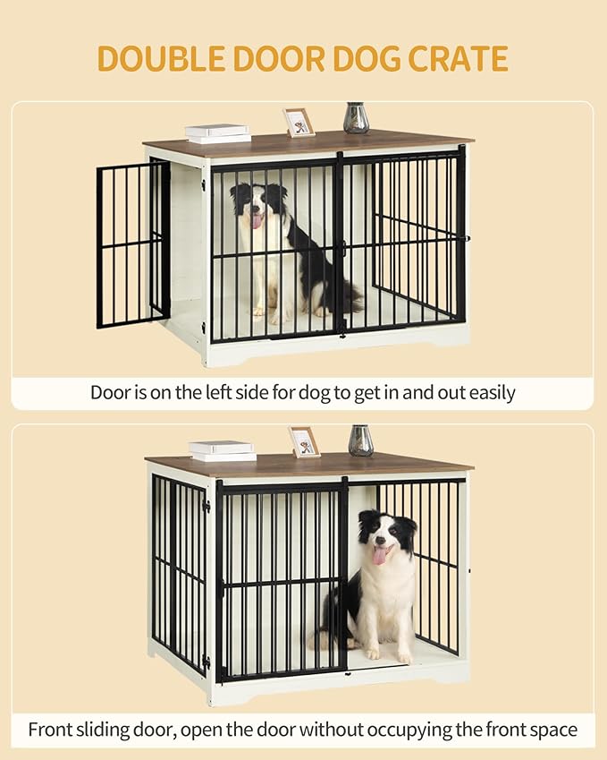 XXL Large Dog Crate Furniture, 46.9" Indoor Dog Kennel Furniture with Barn Door, Wooden Tall Dog Crate, Heavy Duty Dog Cage for Large Dogs, Side End Table, Anti-Chew, White Brown DFC83814B