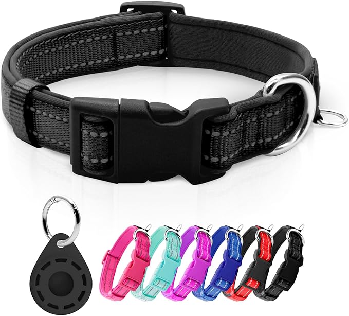 azuza Reflective Dog Collar with Airtag Holder, Soft Neoprene Padded Pet Collar with ID Tag Ring, Adjustable for Small Dogs,Black,L