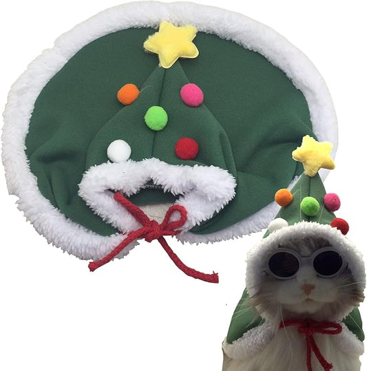Cat Christmas Costumes Outfit Green Xmas Tree Elf Pet Cloak with Hat with Star and Pompoms Puppy Cape Clothes Party for Small Dogs Cats Pet Santa Presents,Green,Large PC305-1-L