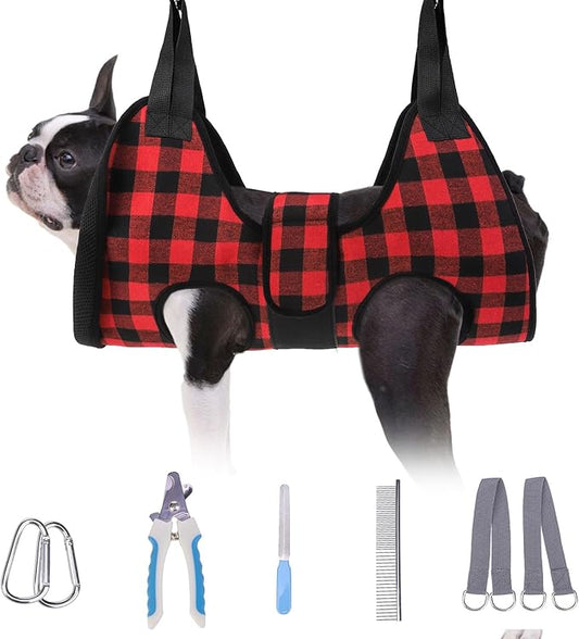BEAUTYZOO Dog Grooming Hammock Harness for Nail Trimming - Adjustable Pet Restraint Sling for Small Medium Large Dogs/Cats -Secure Hanging Holder for Nail Clipping & Grooming (Christmas Buffalo Plaid)