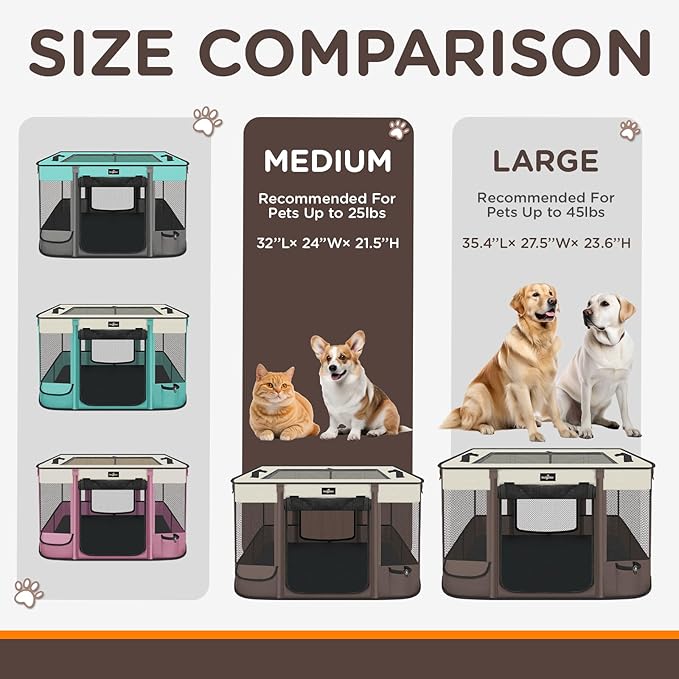 Foldable Pet Kitten Playpen, Upgrade Waterproof Portable Cat Dog Playpen Kennel Tent for Small Dog Cat, Retractable Shade Cover, Come with Free Carrying Case, Indoor Outdoor Use for Small Pet, Brown