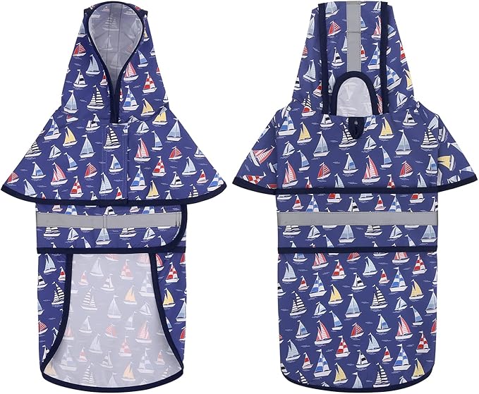 HDE Dog Raincoat Jacket Reflective Adjustable Hooded Pet Poncho Rain Coat with Leash Hole for Small to X-Large Dogs Nautical Boats - XL