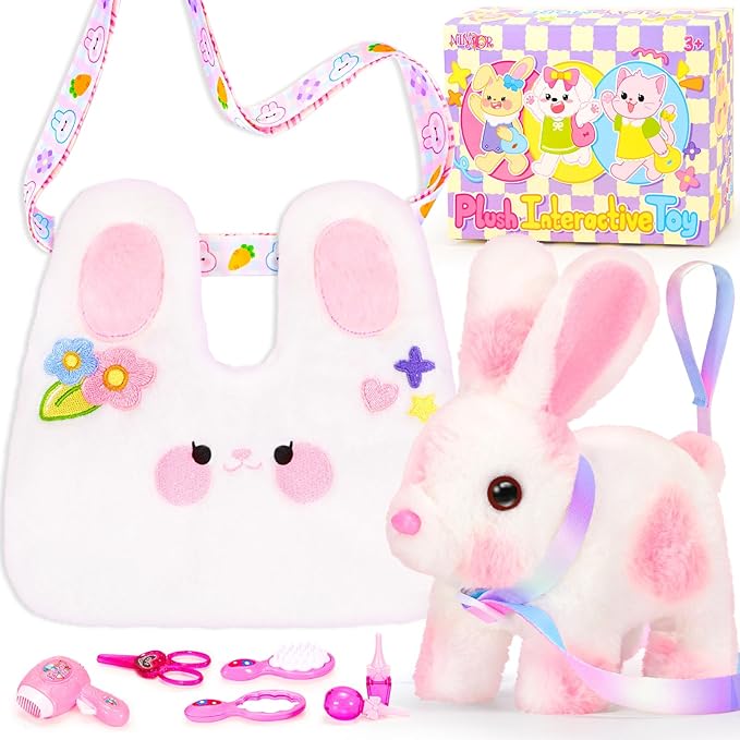 Easter Bunny Toys for Kids with Crossbody Bags, Easter Basket Stuffers Interactive Hopping Wiggle Ears Rabbit Toy, Pretend Play Robot Pet Care Cute Stuff for Girls Trip Plushies Birthday Gifts