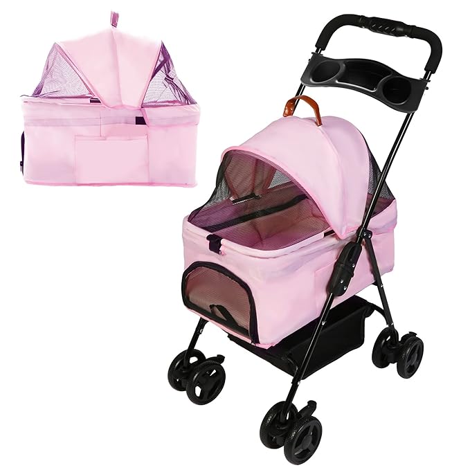 2 in 1 Pet Stroller, Detachable Dog Stroller, Portable Pet Cart w/ 4 Wheels, Cup Holder for Small Dog/Cat, Foldable Waterproof Jogging Travel Carrier Cart, Pink