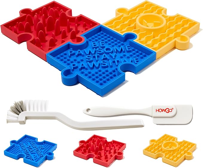 HowGo Puzzle Slow Feeder Lick Mat for Dogs, 38+ Suction Cups|Non-Slip Heavy Duty Maze Enrichment Bowl BPA-Free Silicone|Reduce Boredom Anxiety Free Combination (3PCs, Blue&Yellow&Red)