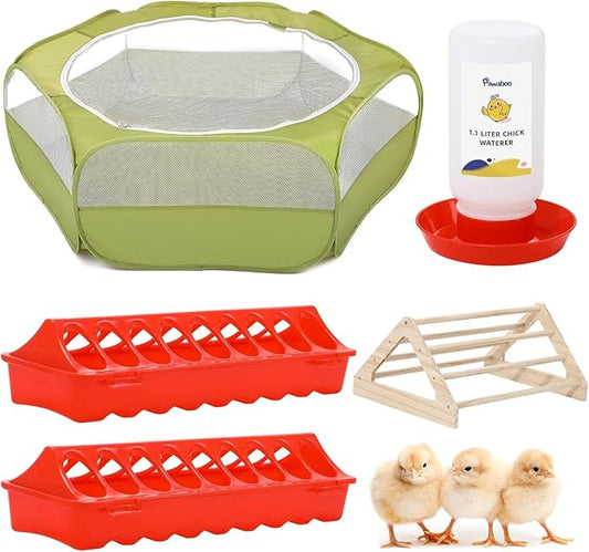Pawaboo 5-in-1 Chicken Brooder Box for Chick Starter Kit, Includes Pet Cage Tent, Chicks Perch, Chick Feeder, 1.1L Chicks Waterer, Baby Chicken Supplies (Brooder Set), Green + Red + Wood Color