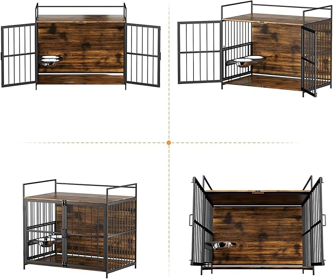 ROOMTEC Furniture Style Large Dog Crate with 360° & Adjustable Raised Feeder for Dogs 2 Stainless Steel Bowls -End Table House Pad, Indoor Use,41" L X 24" W 36" H, Classic Brown
