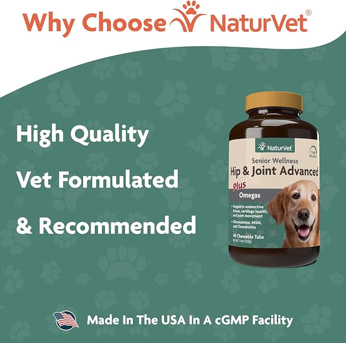 NaturVet Senior Wellness Hip and Joint Plus Omegas Advanced Supplement for Dogs, Chewable Tablets Time Release, Made in The USA, 40 Count