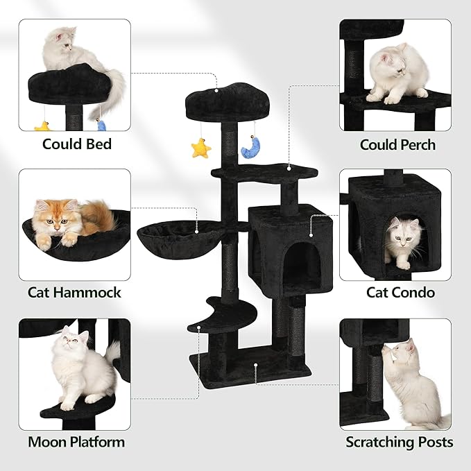 Gothic Black Cat Tree for Indoor Kittens & Small Cats Under 6 Months 9lbs, 43-Inch Cute Cat Tower with Scratching Post, Cat Condos, Cozy Hammock, Unique Perch & Dangling Toy