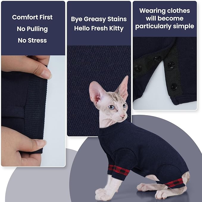 Sphynx Hairless Cats Sweater Shirt Kitten Soft Pullover Cute Cat Pajamas Jumpsuit Cotton Apparel Pet Winter Turtleneck for Cats DarkBlue XS