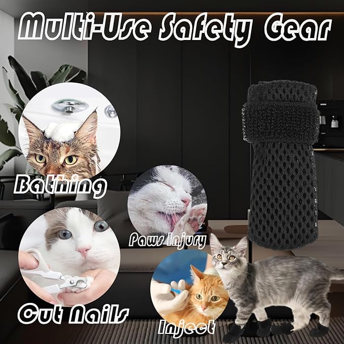 4 Packs Anti Scratch Cat Boots, Adjustable Cat Claw Protectors Covers, Black Breathable Mesh Cats Mittens Foot Covers for Indoor Cats Pet Bathing Cutting Nails（M）