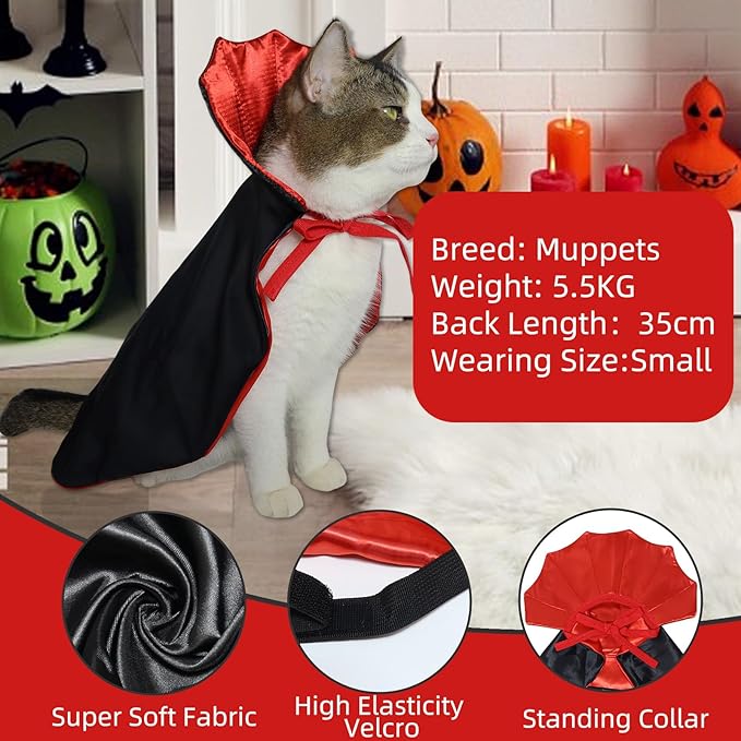 ROSAUI Halloween Pet Vampire Cape – Adjustable Red & Black Costume for Cats & Small Dogs 15.74″ Spooky Cloak with Stand-Up Collar Funny Halloween Pet Outfit (S Size)