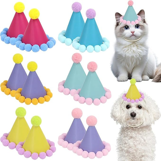 12 Pack Mini Party Hats for Stuffed Animals, Mini Hats with Pom Poms Dog Birthday Party Hats for Dolls Dog Cat Pet Birthday Decoration
