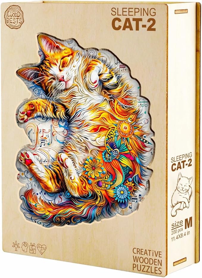 KAAYEE Wooden Puzzles for Adults, Sleeping Cat-2 240 Piece Unique Animal Shape Puzzle, Cat Wood Puzzle for Adults, Creative Gifts for Friends/Family, Home Decor(13.4 * 9.8)
