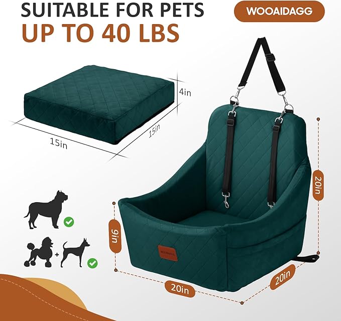 Dog Car Seat for Medium Dogs, Pet Travel Bed with Seat Belt Channel, Fully Detachable and Washable, 3 Straps Easy to Install (Green)