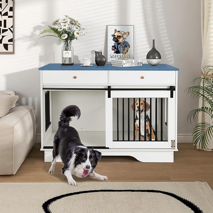 Dog Crate Furniture for 2 Dogs, Dog Kennel with 2 Storage Drawers & Divider, Large Double Dog Cage As TV Stand, Furniture Style Dog Crates with Sliding Barn Door (Blue & White)
