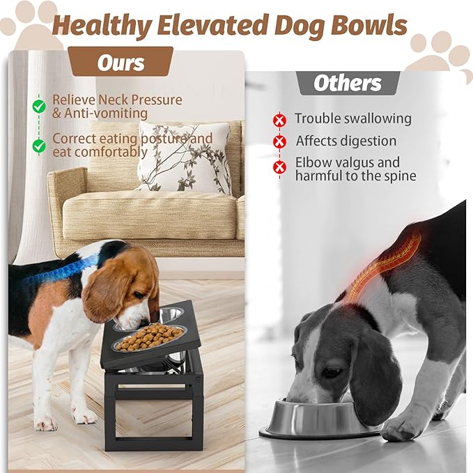 Elevated Dog Bowls Black, 4 Height & Angle Adjustable Raised Dog Bowl Stand, Elevated Dogs Bowl Station for Medium Sized, Sturdy Bamboo Dogs Feeding Station with 2 Stainless Steel Dishes (48oz/6cup)