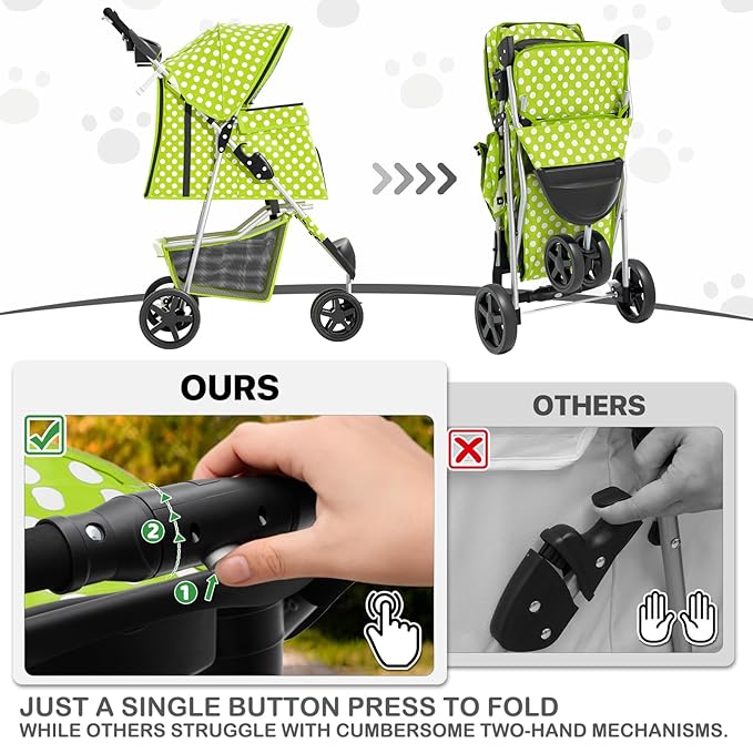 MoNiBloom 3 Wheels Pet Dog Cat Stroller for Small Medium Dogs Cats, Foldable Jogger Stroller w/Storage Basket and Cup Holder, Lawn Green Polka Dots
