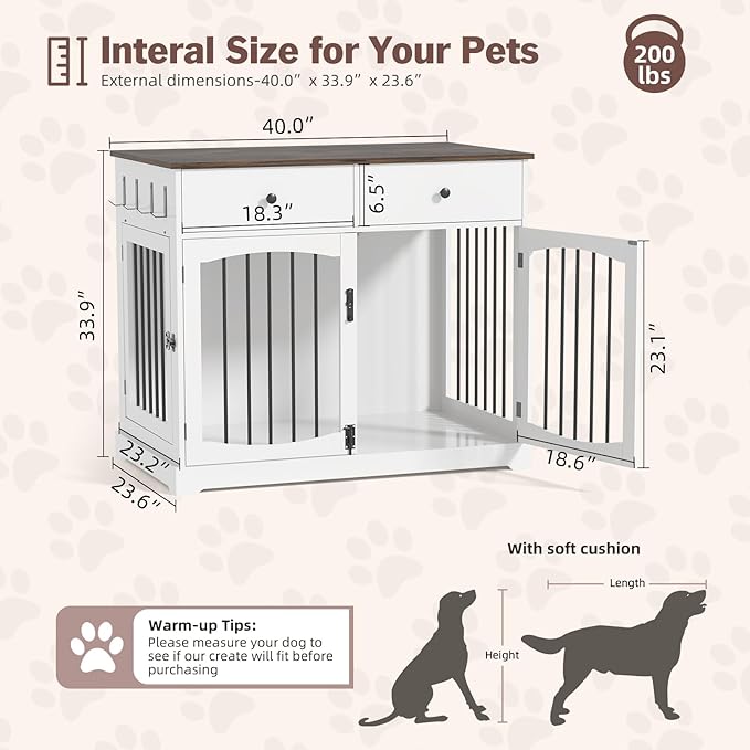 40'' Wooden Dog Crate Furniture–Farmhouse Dog Kenel-Multi Purpose Pet House with Double Doors, 2 Drawers, for Small, Medium & Large Dogs–White & Brown Finish