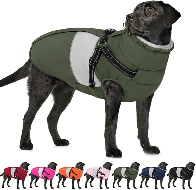 AOFITEE Dog Coat, Large Dog Jacket, Dogs Coat with Harness Built in, Reflective Waterproof Dogs Jackets Winter with Furry Collar, Warm Polar Fleece Pet Sweater Snowsuit for Doberman, Great Dane, XXL