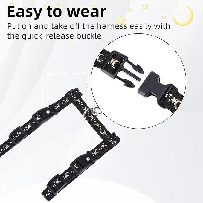PUPTECK Adjustable Cat Harness and Leash Set Escape Proof Kitten Strap Collar for Walking Travel, Moon&Star, M