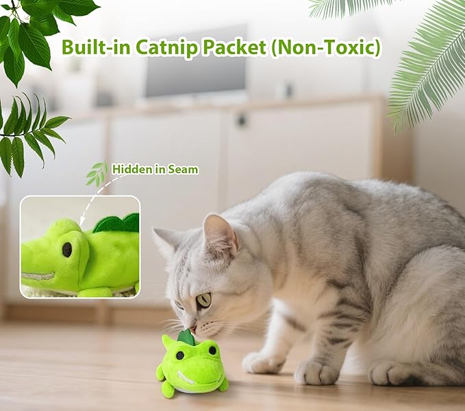 Interactive Cat Toys for Indoor Cats - Self-Charging Croc Chase Toy with 360° Motion, Wagging Tail & Catnip, Automatic Exercise Toy for Bored Kittens/Adults(Short Plush)