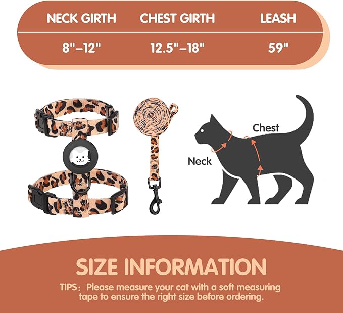 BINGPET Cat Harness and Leash Set Escape Proof for Walking,Adjustable Kitten Harness with Airtag Holder for Small Medium Large Cats (Classic Leopard Print,Neck:8"-12",Chest:12.5"-18")