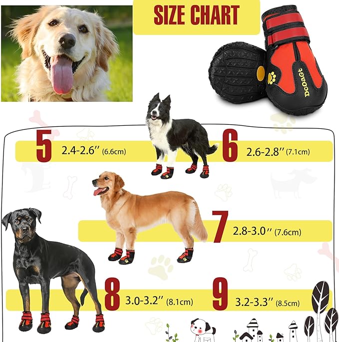 DcOaGt Dog Shoes for Large Dogs 4PCS Anti-Slip Dog Boots & Paw Protectors for Hot Pavement Winter Snow Hiking Walking, Waterproof Breathable and Reflective Dog Booties for Large Size Dogs
