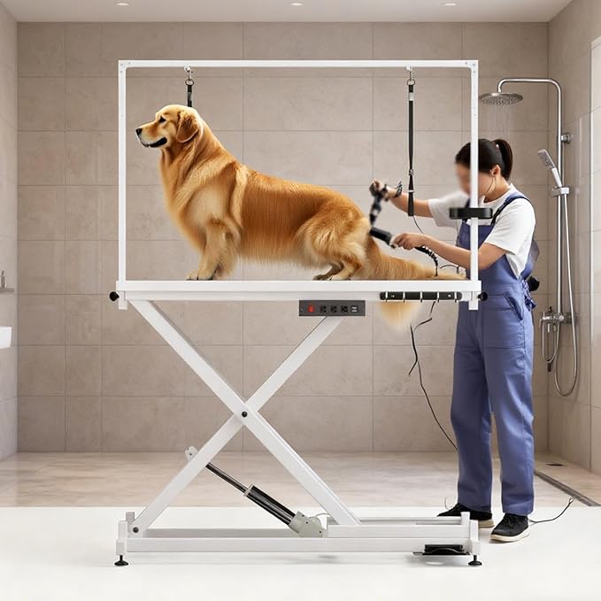 52in Electric Dog Grooming Table, Heavy Duty Adjustable Lift Grooming Table for Large Dogs, Capacity 660IB, with Tool Organizer, Foot Control, Anti Slip Tabletop (White, 51.2 * 24.2INCH)