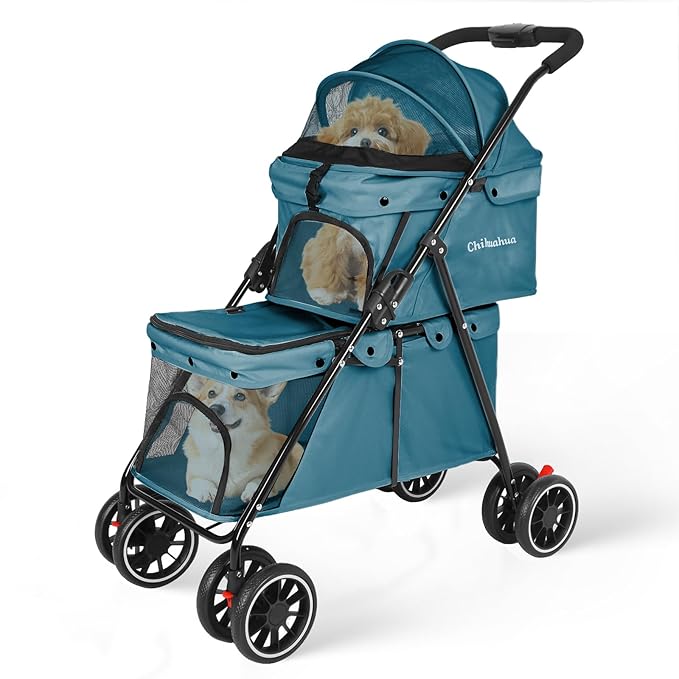 Double Pet Stroller for Dogs and Cats,Cat Strollers for 2 Cats,Double Dog Stroller for 2 Small Medium Dogs,4 Lockable Wheels/Lightweight/Folding,Green