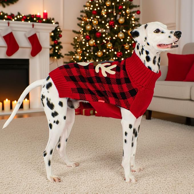 KYEESE Dog Christmas Sweater with Reindeer Pattern, Cozy Large Pet Christmas Red Buffalo Plaid Knit, Turtleneck Dog Sweater for Large Dogs with Leash Hole, Soft Warm Pet Clothes, XXX-Large