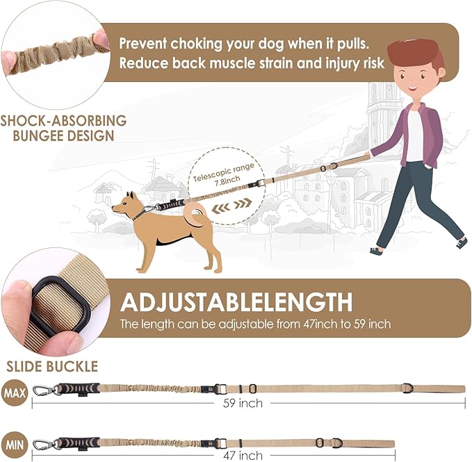Hotsky Tactical Dog Leash Heavy Duty,4-6Ft Strong Bungee Shock Absorbing Lead with Padded Double Handle,Car Seatbelt,Metal Carabiner Clip,No Pull Leash for Small Dogs,Khaki