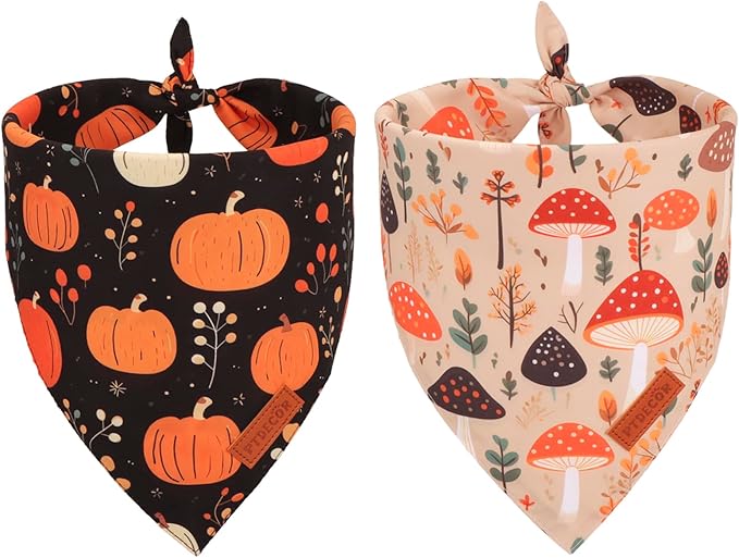PTDECOR Fall Dog Bandana, Pumpkin Mushroom Design Scarf Reversible Holiday Dog Scarf, Triangle Thanksgiving Bandanas for Medium Large Pets (Large)