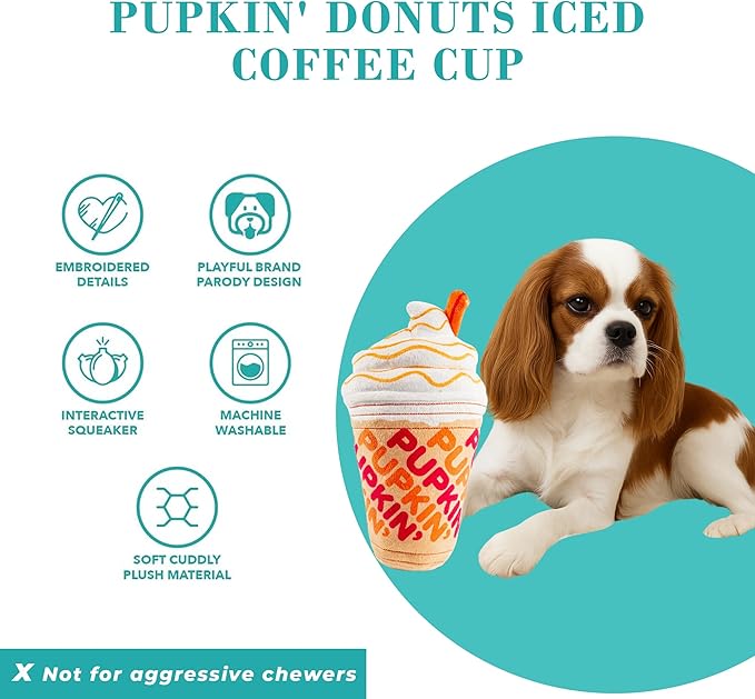 Haute Diggity Dog Pupkin' Donuts Iced Coffee Cup Plush Dog Toy for Small, Medium & Large Dogs, Interactive Funny Parody Squeaky Toys, Soft, Durable, Machine-Washable, & Safe Birthday Gift for Dogs